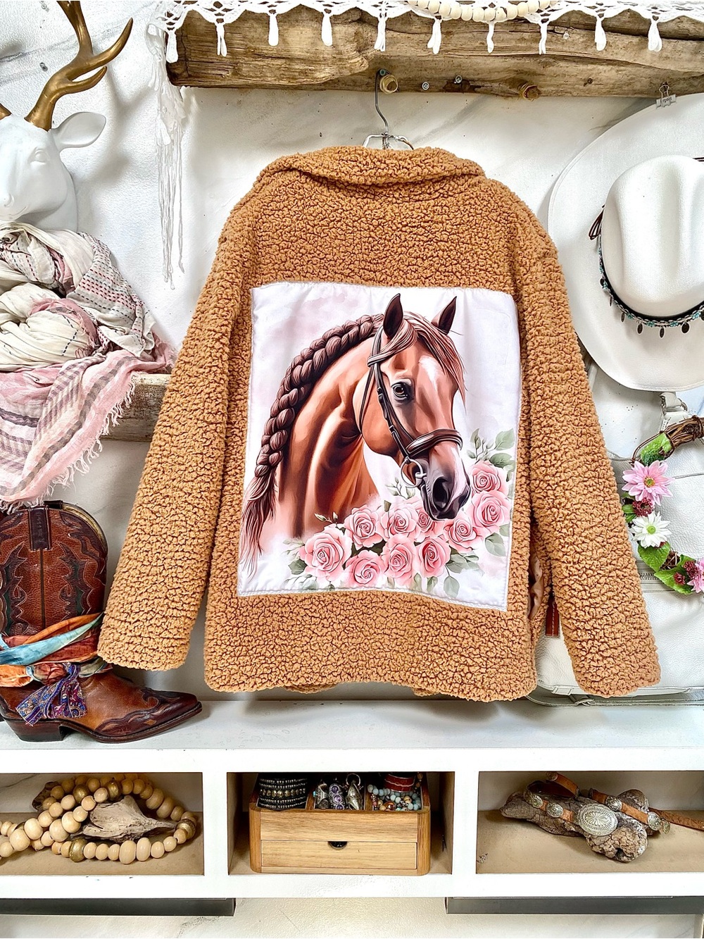 Rare HORSE/rose floral upcycled equestrian cottagecore Sherpa Teddy jacket